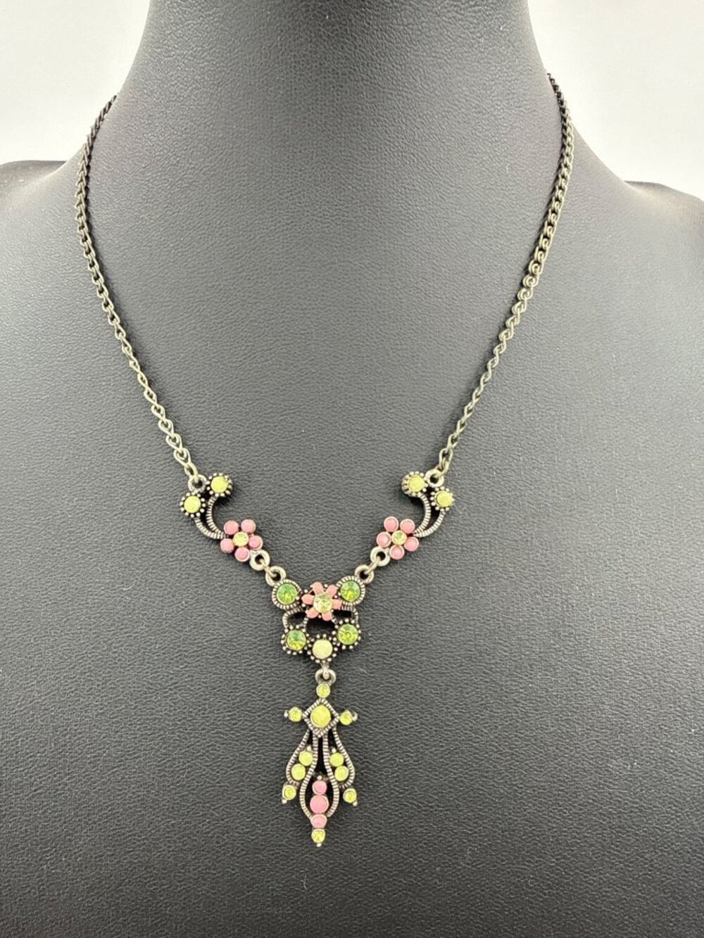 Vintage Pink Green Floral Festoon Necklace Cottagecore Fairycore Brass Drop